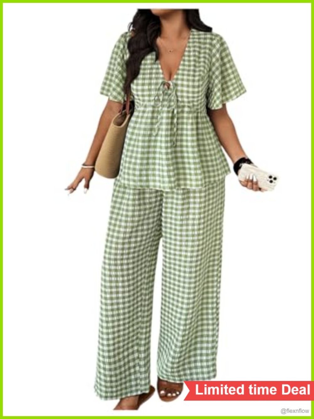 Plus Size 2 Piece Outfit Gingham V Neck Blouse Wide Leg Pants Set